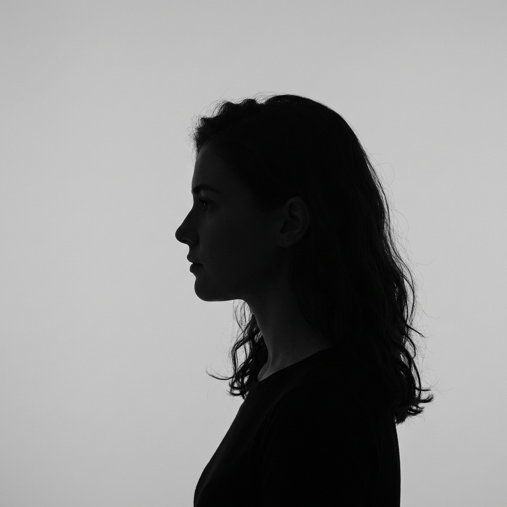 Silhouette of a woman facing left with wavy hair and neutral background